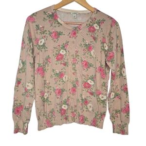 L.L. Bean Pink Floral Supima Cotton Knit Round Neck Cardigan Sweater Medium